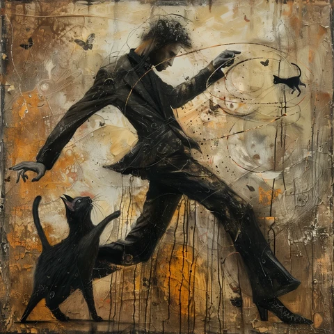 Cat dancing with a man. 