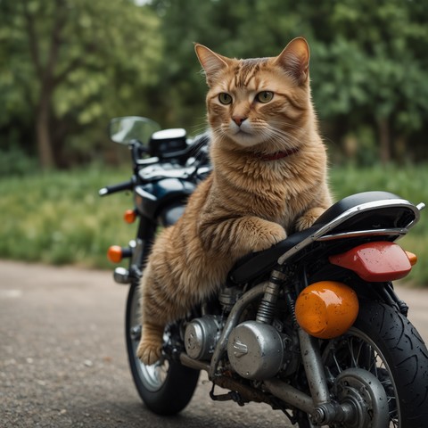 Orange Cat riding a motorcycle backward.