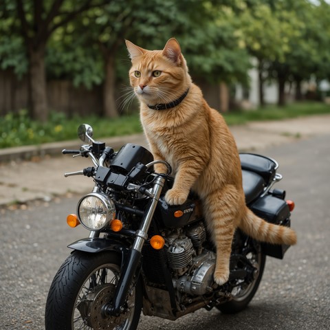 Orange Cat trying to ride a Motorcycle. 