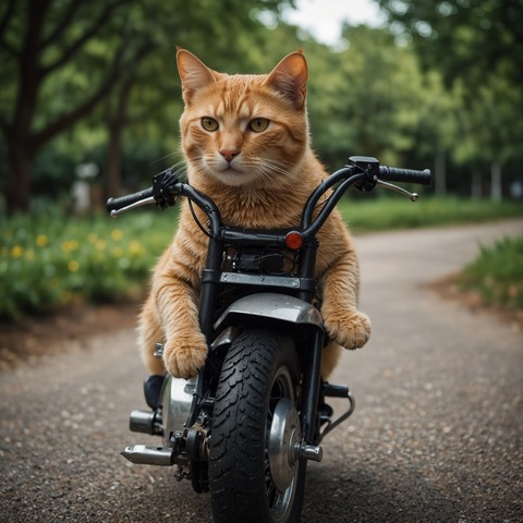 Orange Cat riding a tiny motorbike. 