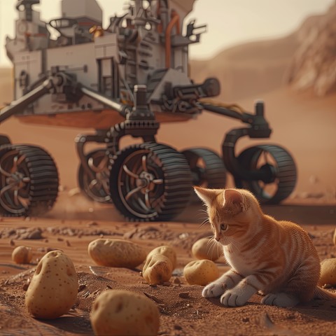 Kitteh harvesting potatoes on Mars. 