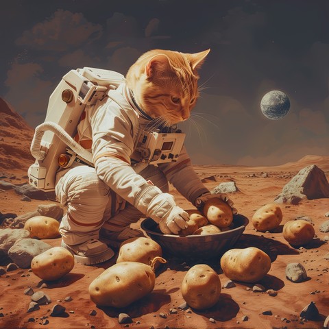 Astro Cat harvesting Mars potatoes. 