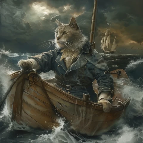 Captain Ahab Cat on a dinghy. 