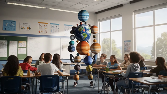 A teacher made of the solar system teaches evolution to junior high school students. 