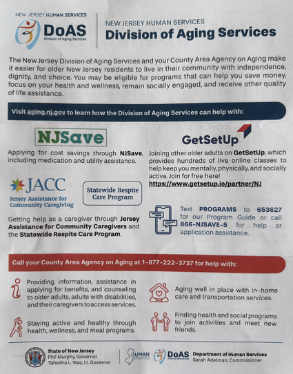 NJ State letter stating resources for the aged. 