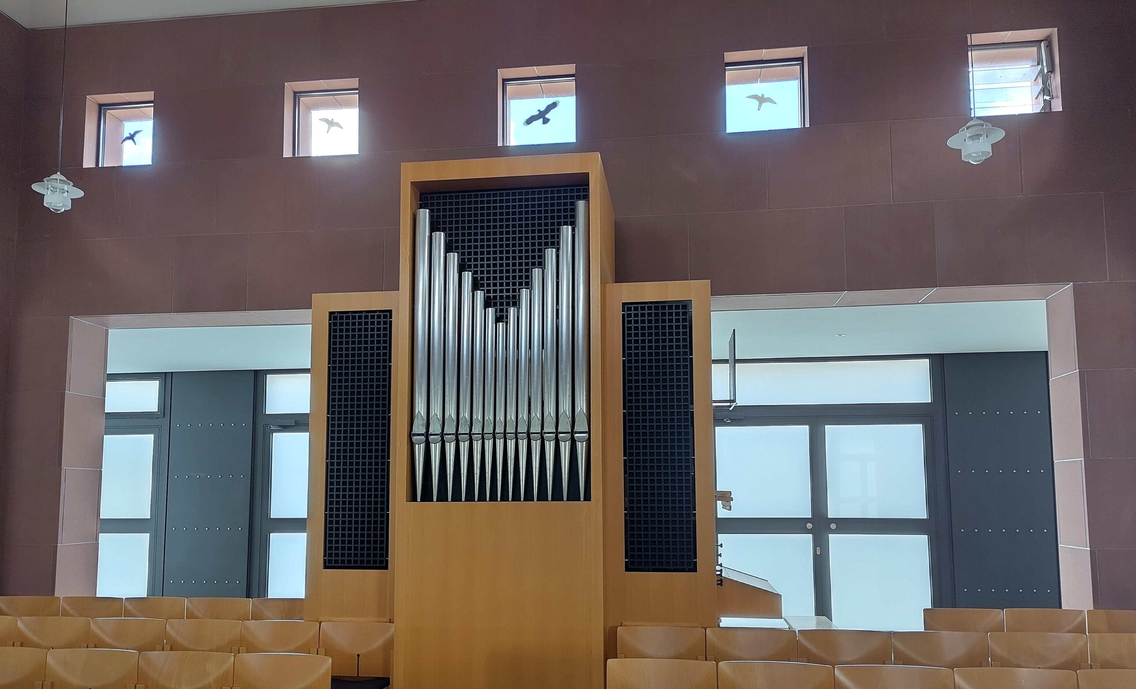 Blick auf die Walcker-Orgel in der Neuen Kapelle in Bad Nauheim. Links und rechts des Orgelprospekts große Fenster im Hintergrund, und oberhalb sind fünf quadratische kleine Fenster zu sehen, mit Greifvogel-Silhouetten beklebt.