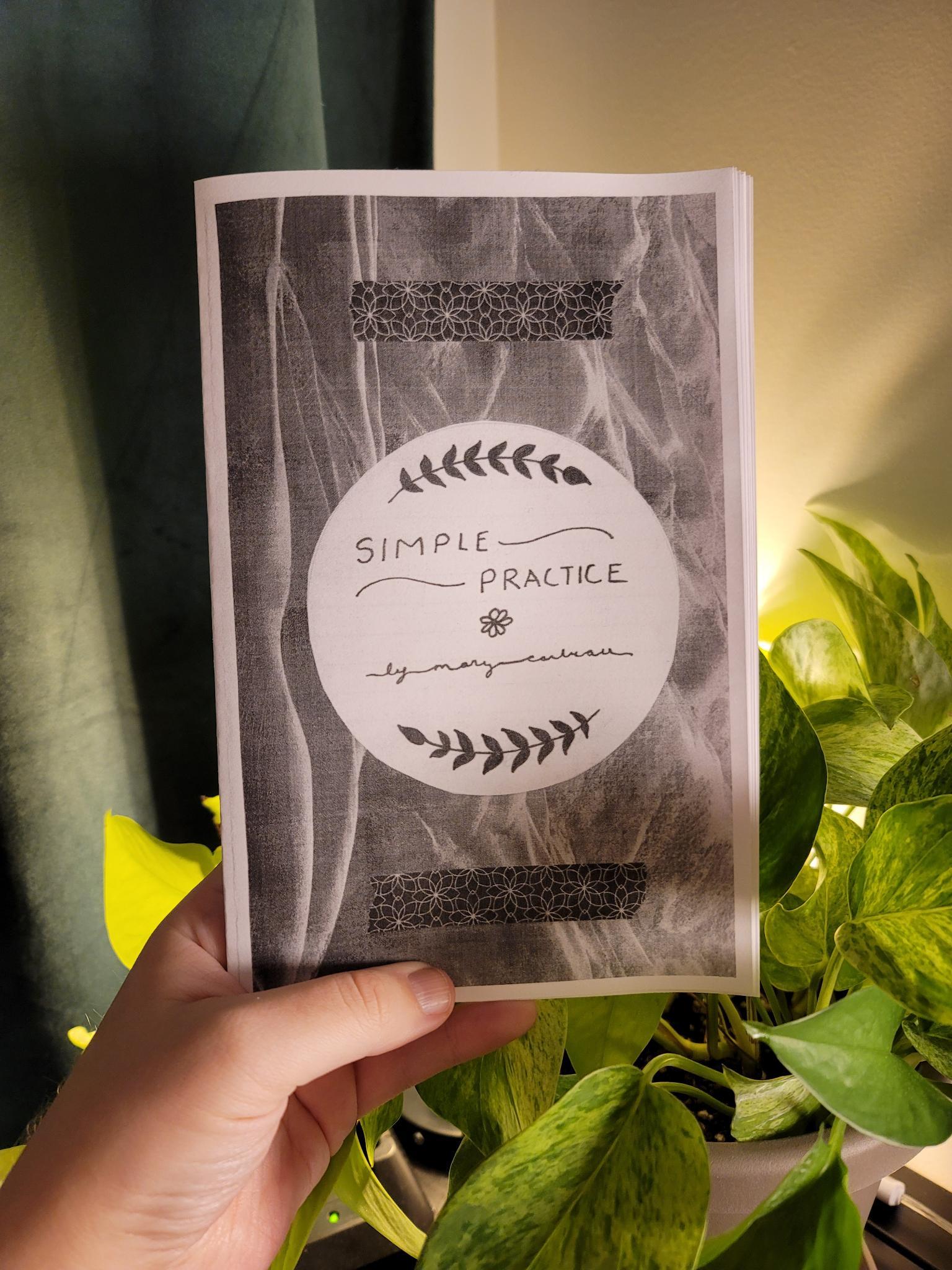 A white hand holding a black and white copy of a zine titled "simple practice" in front of a backlit pothos plant. 