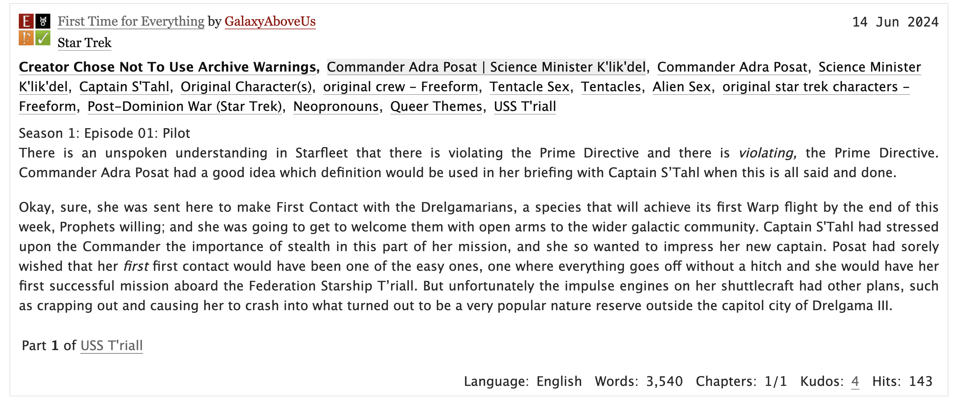 a screenshot of the summary and tags of a post on Archive of Our Own. The post itself isn't notable. It's an example like any other. I'm just using it as an example of what I'm looking at in hopes that someone will say "click that thing over there" a screenshot of the summary and tags of a post on Archive of Our Own. The post itself isn't notable. It's an example like any other. I'm just using it as an example of what I'm looking at in hopes that someone will say "click that thing over there"