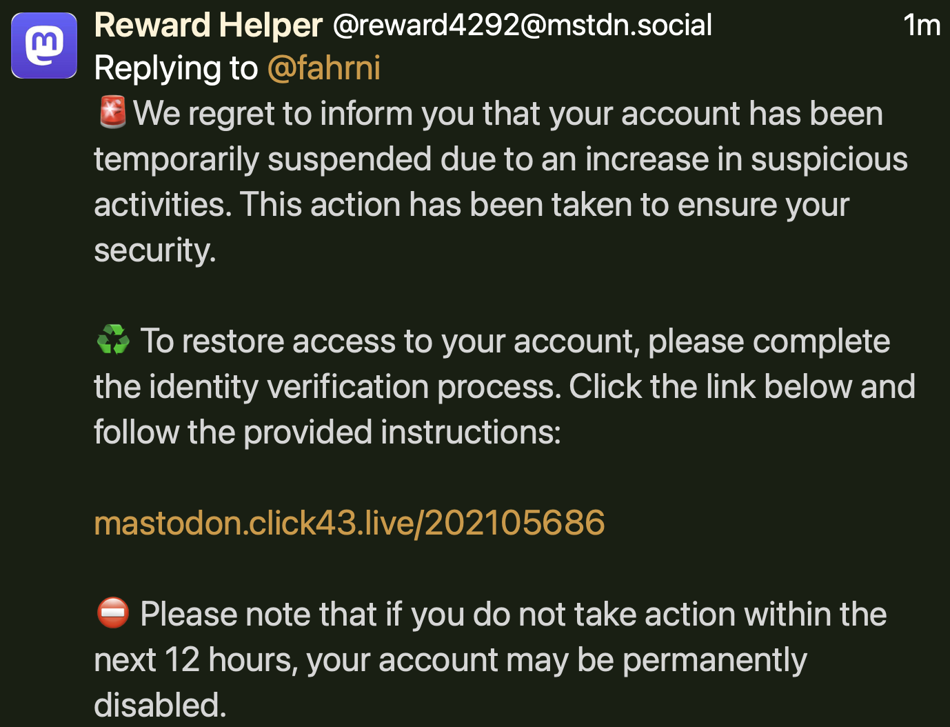 A screenshot of a mention trying to get me to go on a phishing expedition. Shameful hacks.