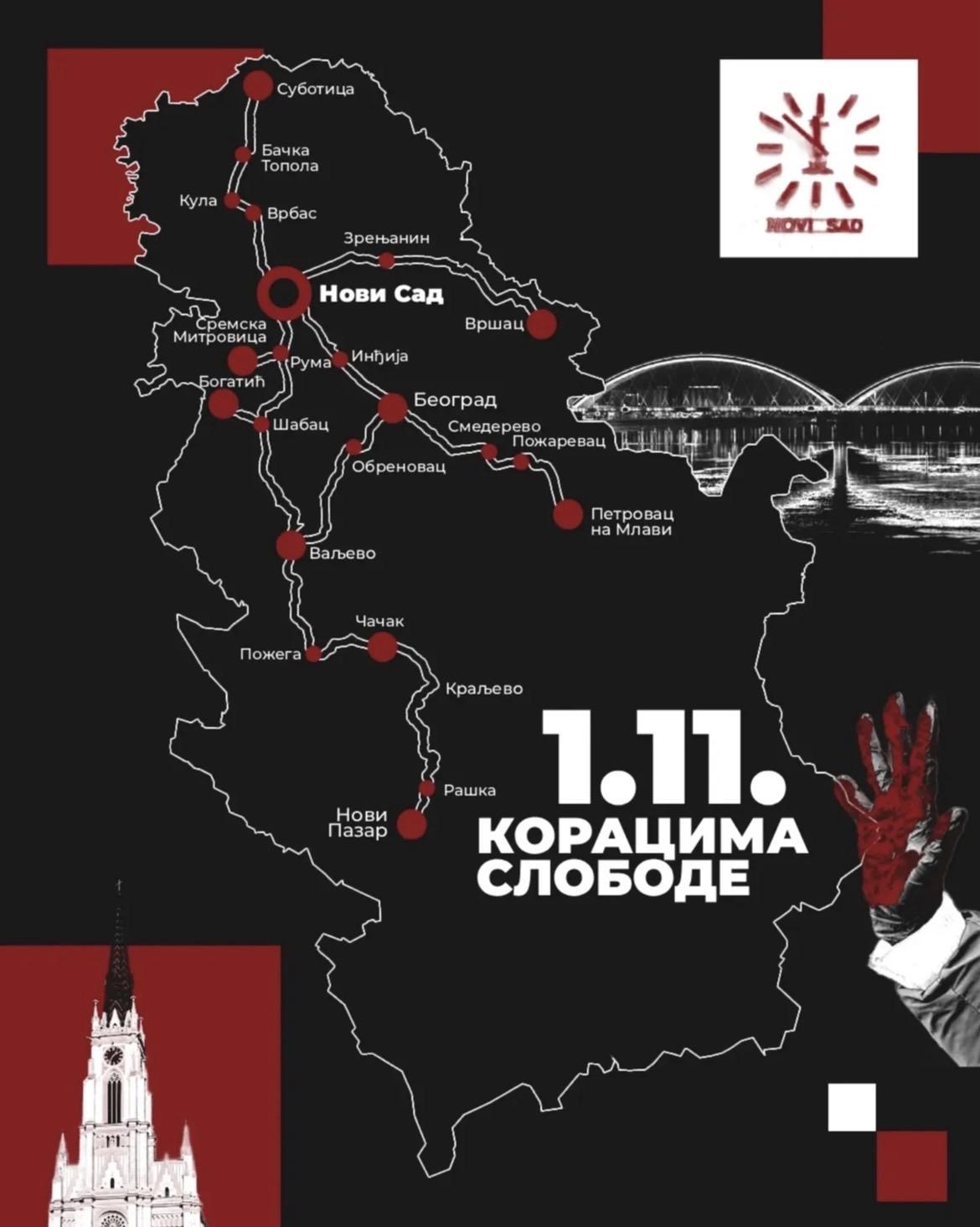 Eine dunkle Karte von ganz Serbien mit roten Punkten, die verschiedene Städte markieren. Die größten Punkte sind Beograd (Belgrad) und Novi Sad, außerdem sind viele andere Orte eingezeichnet (Subotica, Zrenjanin, Šabac, Novi Pazar, Čačak, Kraljevo, Raška usw.).
In der Mitte steht in großen weißen Buchstaben:
„1.11. КОРАЦИМА СЛОБОДЕ“ (auf Deutsch: „1.11. Mit den Schritten der Freiheit“).
Rechts ist eine stilisierte rote Hand, als wäre sie in Farbe oder Blut getaucht. Unten links ist das bekannte Wahrzeichen von Novi Sad – die katholische Kathedrale – abgebildet, und oben rechts sieht man eine moderne Brücke über die Donau.