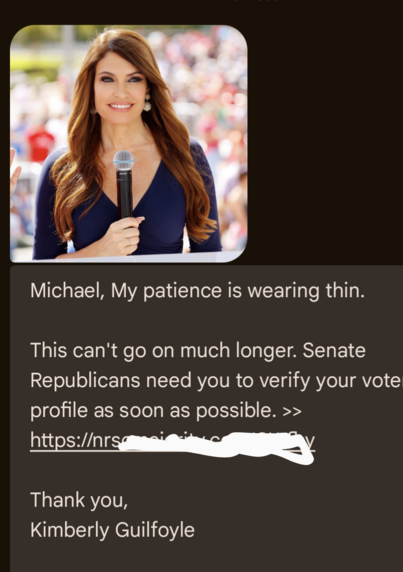 A picture of a conventionally attractive white woman with a low blouse smiling at the camera and holding a rather phallic microphone over her cleavage.

Text message reads: 

Michael, My patience is wearing thin.

This can't go on much longer. Senate Republicans need you to verify your voter profile as soon as possible. >> 
[Url redacted for memetic safety]

Thank you,
Kimberly Guilfoyle

Reply STOP to opt-out

Sent by NRSC