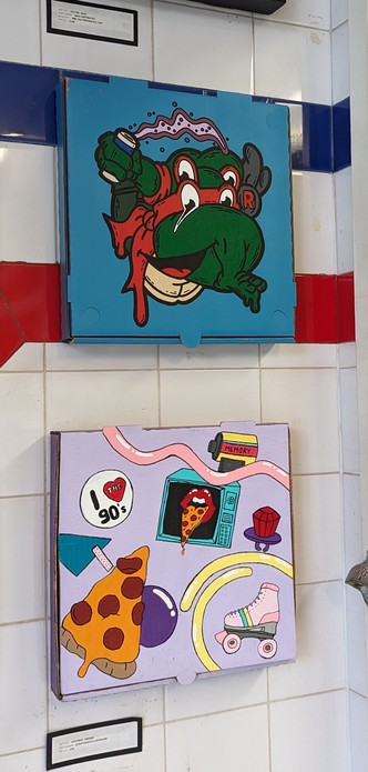 Two very trippy paintings about teenage mutant ninja turtles (above) and pizza (below) 

Both paintings appear to be in some kind of altered state