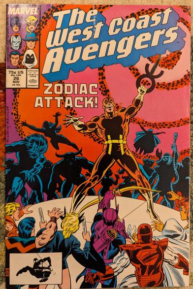 The cover of West Coast Avengers #26
Subtitle ZODIAC ATTACK! 

A man dressed in orange chainmail and a half cowl mask stands on a table? with legs spread apart in the Marvel power stance. In one hand he brandishes a vaguely Prince-symbol-shaped thing which is emitting rings of Kirby dots. 

In the background, facing us, are silhouettes of various other supervillains (presumably zodiac) and in the foreground facing this guy and away from us are the assembled West Coast Avengers

Of note: iron Ma…