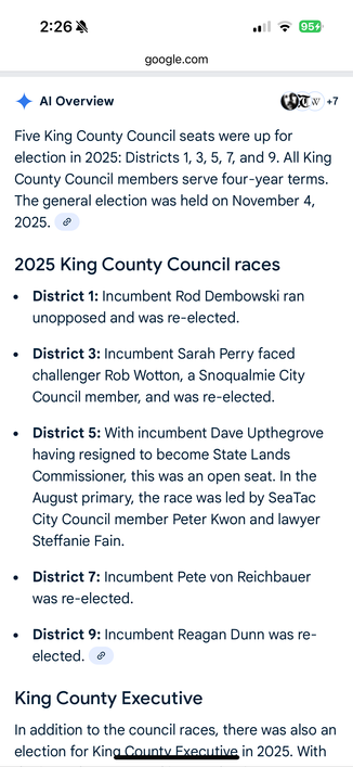 Screenshot


google.com

Al Overview

W+7

Five King County Council seats were up for election in 2025: Districts 1, 3, 5, 7, and 9. All King County Council members serve four-year terms. The general election was held on November 4, 2025.

2025 King County Council races

District 1: Incumbent Rod Dembowski ran unopposed and was re-elected.

District 3: Incumbent Sarah Perry faced challenger Rob Wotton, a Snoqualmie City Council member, and was re-elected.

District 5: With incumbent Dave Uptheg…