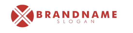 A circle-red X, with the logo centered to its right:
   BRANDNAME
       slogan