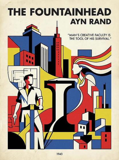 The Fountainhead 
Ayn Rand

A semi abstract deco art design that uses white black yellow red and blue uniform color areas only 

To tell a story of people and construction work and buildings