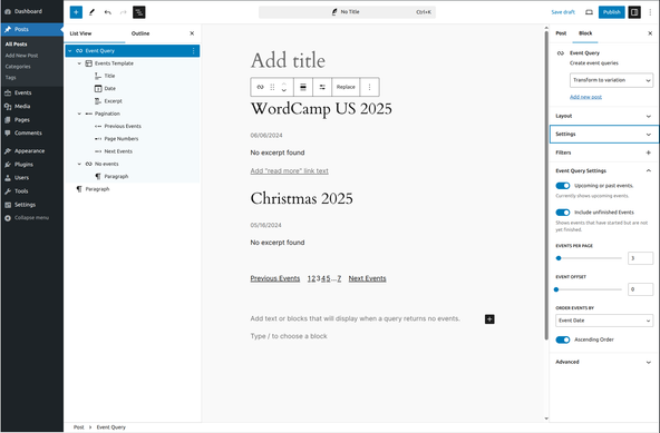 Screenshot of the new Event Query block inside the WordPress editor.