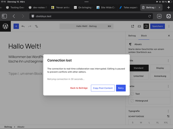 Connection lost error in the new WordPress 7.0 editor.