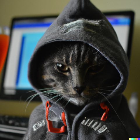 A black cat in a black hoodie, staring at the camera with a sinister look, in front of a computer. Generated by Dall-E 2.