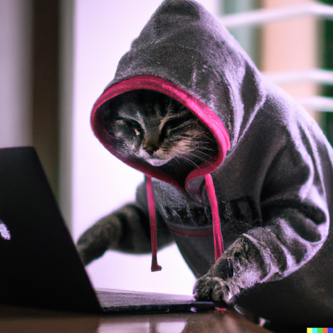 A gray-striped cat typing away at a MacBook while wearing a gray hoodie. Generated by Dall-E 2.
