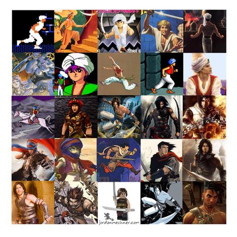 A 5x5 curated array of Prince of Persia heroes as depicted in games, film, toys and graphic novels from 1989 to 2023