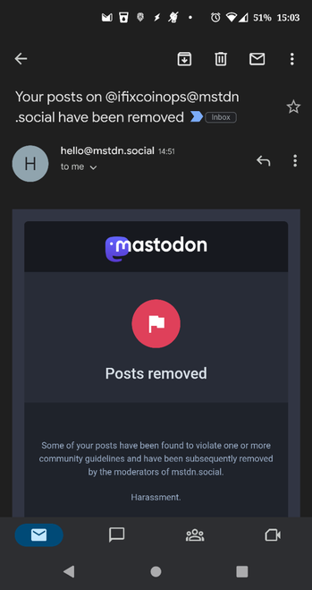 screencap of an email saying some of my posts were removed (it's the hey folks pls don't spell accessibility as a11y post)