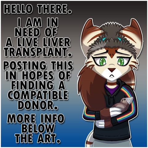 Image of Ginpu character cradling a cartoon liver with a head bandage on. There is text that reads: Hello there. I am in need of a live liver transplant. Posting this in hopes of finding a compatible donor.