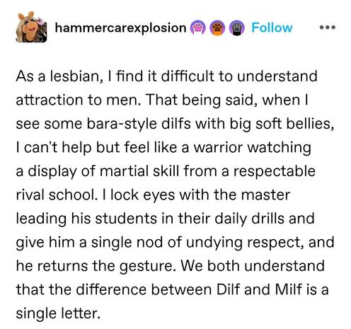 As a lesbian, I find it difficult to understand attraction to men. That being said, when I see some bara-style dilfs with big soft bellies, I can't help but feel like a warrior watching a display of martial skill from a respectable rival school. I lock eyes with the master leading his students in their daily drills and give him a single nod of undying respect, and he returns the gesture. We both understand that the difference between Dilf and Milf is a single letter.