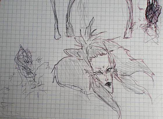 ballpoint pen drawing of a femme's portrait: cartoon style, sharp, lean and angular, big hair, short fringe, lots of earrings and piercings, it is all bit messy and intuitive.