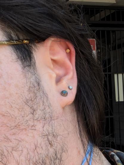 a close up photo of an ear. there are three lobe piercings, the outer two of which have stud earrings in the holes while the middle remains empty, and nestled towards the top of the ear is a brand new helix piercing with a textured gold stud in it