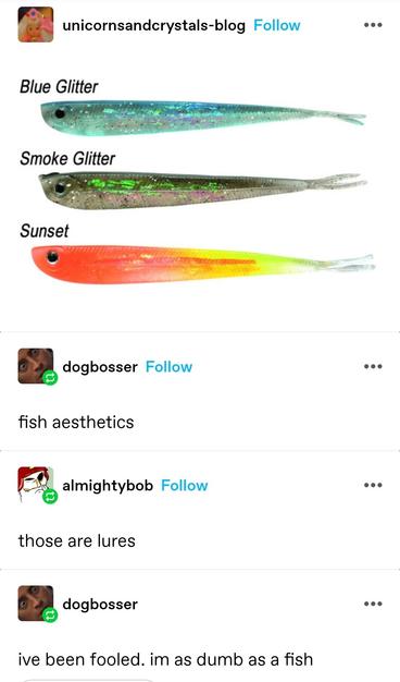 unicorns: Picture of three fishing lures in designs blue glitter, smoke glitter, sunset

dogbosser: fish aesthetics

almightybob: those are lures

dogbosser: ive been fooled. im as dumb as a fish