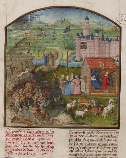 Image: The devils' Council (Paris, BnF, Français 91 f.1). source: https://portail.biblissima.fr/ . This medieval illumination depicts a vivid and chaotic scene of demons and tortured souls. On the left side, a council of devils convenes in a rocky, infernal landscape. The central demon, standing atop a two-headed beast, wields a staff as he addresses the other grotesque creatures, who listen attentively. The figures are menacing, with exaggerated faces, horns, and twisted bodies.
On the right side, the image shifts to a hellish portrayal of human suffering. Demons are shown tormenting humans in various ways: some victims are bound and led away, while others are attacked by demonic creatures. The setting is a mix of dark rocky terrain and twisted structures. The entire scene serves as a graphic illustration of punishment and chaos, emphasizing the manuscript’s moral and religious message about sin and damnation.