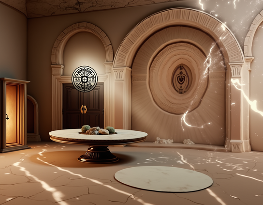 Magical room with detailed arches and columns, round marble table holding earth and some rocks, and a striking circular magical lock holding a double door closed. Flashes of arcane energy are sparking as an apparition prepares to show itself.