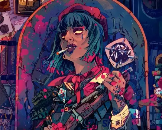 art from the tabletop roleplaying game eat the reich featuring a female character, a gunwielding vampire