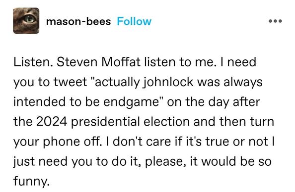 Listen. Steven Moffat listen to me. I need you to tweet "actually johnlock was always intended to be endgame" on the day after the 2024 presidential election and then turn your phone off. I don't care if it's true or not I just need you to do it, please, it would be so funny.