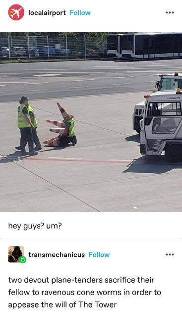local airport: A photo of a kneeling person in a high vis jacket. Their head, arms and knees are covered by traffic  cones. They are on the tarmac of an airport. Two other people in high vis jackets are present.

hey guys? um?

trans mechanicus: two devout plane-tenders sacrifice their fellow to ravenous cone worms in order to appease the will of The Tower
