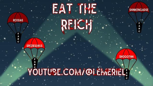 Auf dem Bild sind vier rote Fallschirme, an denen jeweils ein Sarg mit der Aufschrift FANG steht, vor einem Sternenhimmel zu sehen. Das Licht zweier Suchscheinwerfer erleuchtet den Nachthimmel. Das Bild trägt als Beschriftung "Eat the Reich" und "YouTube.com/@lemeriel".