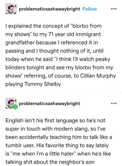 I explained the concept of "blorbo from my shows" to my 71 year old immigrant grandfather because I referenced it in passing and I thought nothing of it, until today when he said "I think I'll watch peaky blinders tonight and see my blorbo from my shows" referring, of course, to Cillian Murphy playing Tommy Shelby

English isn't his first language so he's not super in touch with modern slang, so I've been accidentally teaching him to talk like a tumblr user. His favorite thing to say lately is "me when I'm a little hater" when he's like talking shit about the neighbor's son