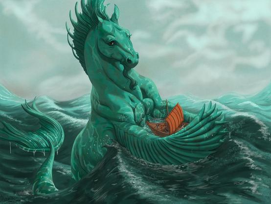 A green creature, part horse, part fish -- grabbing a small orange boat, in heavy waves. The sky is grey and stormy.