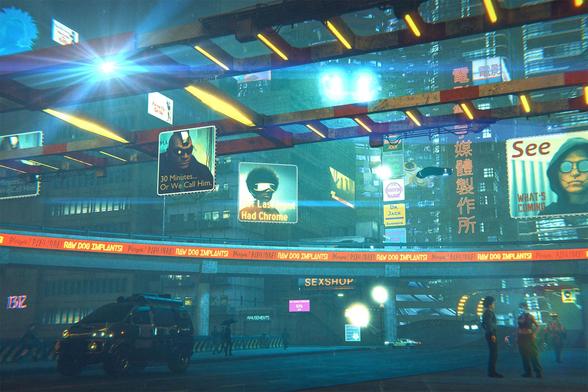 A cyberpunk street scene for Monte Cooke Games's "Neon Rain" kickstarter.