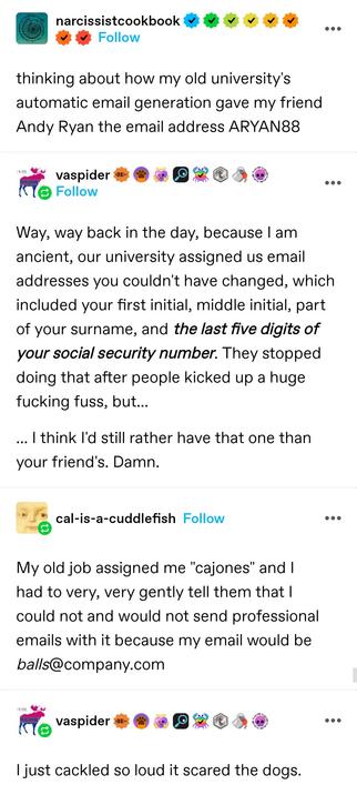 narcissist cookbook: thinking about how my old university's automatic email generation gave my friend Andy Ryan the email address ARYAN88

vaspider: Way, way back in the day, because I am ancient, our university assigned us email addresses you couldn't have changed, which included your first initial, middle initial, part of your surname, and the last five digits of your social security number. They stopped doing that after people kicked up a huge fucking fuss, but... 

... I think I'd still rather have that one than your friend's. Damn. 

cal: My old job assigned me "cajones" and I had to very, very gently tell them that I could not and would not send professional emails with it because my email would be balls@company.com