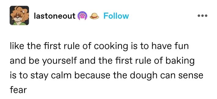 like the first rule of cooking is to have fun and be yourself and the first rule of baking is to stay calm because the dough can sense fear