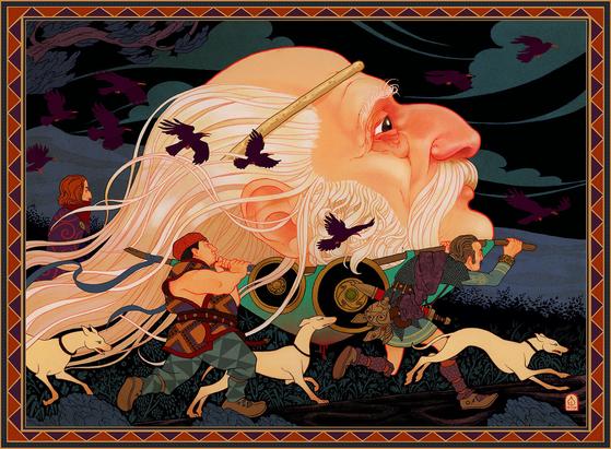 Bran the Blessed's followers carry his head back to Britain. A painting by Peter Diamond.