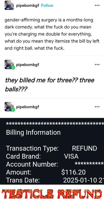 gender-affirming surgery is a months-long dark comedy. what the fuck do you mean you're charging me double for everything. what do you mean they itemize the bill by left and right ball. what the fuck.

they billed me for three?? three balls???

Screenshot of a receipt showing a refund for 116.20.

Testicle refund