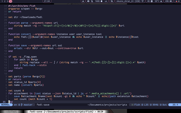 ```fish
#!/usr/bin/env fish
argparse o/open -- $argv
or return

set dir ~/Downloads/fedi

function parse --argument-names uri
    string match -rg -- 'https?://([^/]+)/@([^/@]+)@?([^/]*)/?([[:digit:]]*)' $uri
end

function convert --argument-names instance user user_instance toot
    echo fedi:∫∫{$user}@(test $user_instance && echo $user_instance || echo $instance)∫$toot
end

function save --argument-names uri out
    aria2c --dir $dir --out=$out --continue=true $uri
end

if set -q _flag_open
    for path in $argv
        string replace --all -- ∫ / (string match -rg -- '.*(fedi:∫∫[^∫]+∫[[:digit:]]+).*' $path)
    end | fedi-hack --stdin
    return
end

set parts (parse $argv[1])
or return
set status_id $parts[4]
set name (convert $parts)

set count 0
for attachment in (toot status --json $status_id | jq -r '.media_attachments[] | .url')
    save $attachment $name(test $count -gt 0 && echo " $count" || echo)(path extension $attachment)
    set count (math $count + 1)
end
```