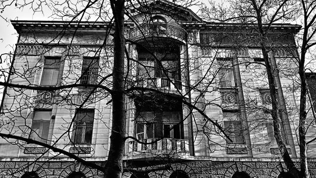 Widok częściowo zrujnowanej willi fabrykanta, widzianej przez perspektywę drzew. Willa zbudowana symetrycznie, dwupiętrowa, z półokrągłymi balkonami i wykuszem na osi kompozycji.