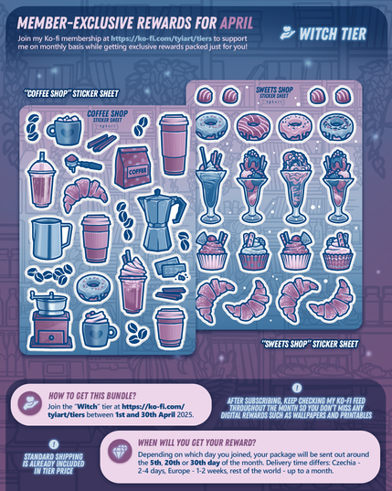 Digital mockup of member-exclusive rewards for the month April - this one shows the sticker club - "Witch" tier - that contains two sticker sheets, one with coffee themed things and the other one with ice cream, desserts and pastries.