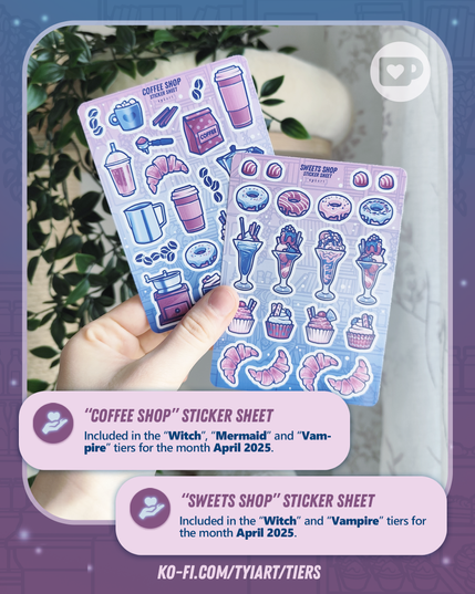 Hand holding up two sticker sheets, one with coffee themed things and the other one with ice cream, desserts and pastries.
