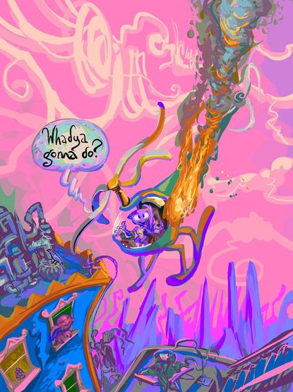 smiling purple imp in a crudely rendered helicopter-type vehicle whose propeller has seemingly stopped running, as fire and smoke fly out the back. the helicopter seems to be falling toward a residential building occupied by an unimpressed red imp and a pine cone.  strange swirly clouds, pink sky and pointy mountain-like shapes fill the background