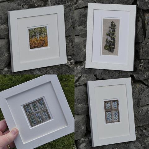 Collage of 4 framed miniature prints taken from stitched artworks depicting a birch woodland, a slate quarry and 2 of mullioned, leaded windows